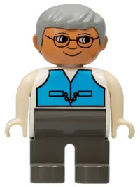 LEGO Duplo Figure, Male, Dark Gray Legs, Medium Blue Vest, Gray Hair, Glasses minifigure