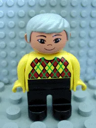 LEGO Duplo Figure, Male, Black Legs, Yellow Argyle Sweater, Gray Hair, Asian Eyes minifigure