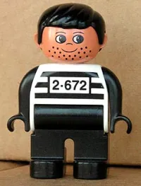 LEGO Duplo Figure, Male, Black Legs, White Top with 2-672 Number on Chest, Black Hair, Black Hands, Stubble (Jailbreak Joe) minifigure