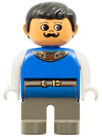 LEGO Duplo Figure, Male, Dark Gray Legs, Blue Top with Gold Necklace and Belt, Moustache (King) minifigure