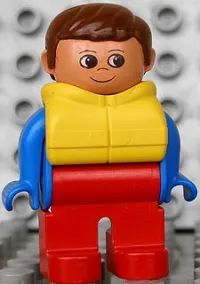 LEGO Duplo Figure, Male, Red Legs, Blue Top, Life Jacket, Brown Hair minifigure