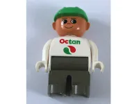 LEGO Duplo Figure, Male, Dark Gray Legs, White Top with Octan Logo, Green Helmet minifigure