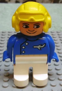 LEGO Duplo Figure, Male, White Legs, Blue Top with Plane Logo, Yellow Aviator Helmet, (Pilot) minifigure