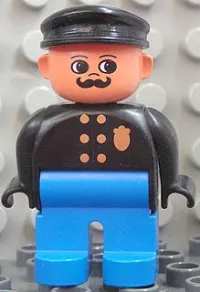 LEGO Duplo Figure, Male Police, Blue Legs, Black Top with Gold Badge, Black Hat, Turned Up Nose and Round Eyes minifigure