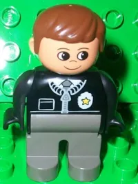 LEGO Duplo Figure, Male Police, Dark Gray Legs, Black Top with Zipper, Tie and Badge, Brown Hair minifigure