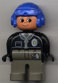 LEGO Duplo Figure, Male Police, Dark Gray Legs, Black Top with Zipper, Tie and Badge, Blue Aviator Helmet minifigure
