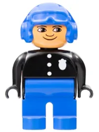 LEGO Duplo Figure, Male Police, Blue Legs, Black Top with 3 Buttons and Badge, Blue Aviator Helmet and Nose Bow Line Up minifigure