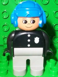 LEGO Duplo Figure, Male Police, Light Gray Legs, Black Top with 3 Buttons and Badge, Blue Aviator Helmet minifigure