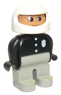 LEGO Duplo Figure, Male Police, Light Gray Legs, Black Top with 3 Buttons and Badge, White Racing Helmet minifigure