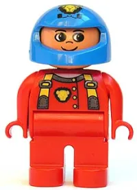 LEGO Duplo Figure, Male, Red Legs, Red Top with Cat Eye Racer Logo, Blue Helmet minifigure