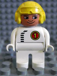 LEGO Duplo Figure, Male, White Legs, White Top with Black Zipper and Racer #1, Yellow Aviator Helmet minifigure