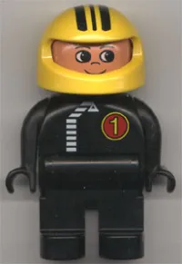 LEGO Duplo Figure, Male, Black Legs, Black Top with White Zipper and Racer #1, Yellow Helmet with Black Stripes minifigure