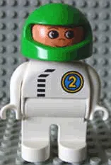 LEGO Duplo Figure, Male, White Legs, White Top with Black Zipper and Racer #2, Green Helmet minifigure