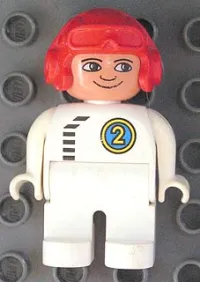 LEGO Duplo Figure, Male, White Legs, White Top with Black Zipper and Racer #2, Red Aviator Helmet minifigure