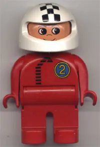 LEGO Duplo Figure, Male, Red Legs, Red Top with Black Zipper and Racer #2, White Helmet with Checkered Stripe minifigure