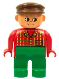 LEGO Duplo Figure, Male, Green Legs, Red Top Plaid, Brown Cap minifigure