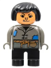 LEGO Duplo Figure, Female, Black Legs, Dark Gray Top with Blue Patches, Black Hair, Wart on Nose, Tooth minifigure