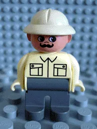 LEGO Duplo Figure, Male, Dark Gray Legs, Tan Top, Pith Helmet, Moustache minifigure