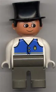 LEGO Duplo Figure, Male, Dark Gray Legs, White Top with Blue Vest with Pocket and Two Buttons, Black Top Hat minifigure