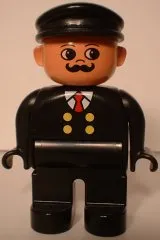 LEGO Duplo Figure, Male, Black Legs, Black Top with 4 Yellow Buttons and Red Tie, Black Hat, Curly Moustache (Train Engineer) minifigure