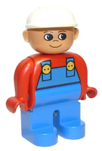 LEGO Duplo Figure, Male, Blue Legs, Red Top with Blue Overalls, Construction Hat White, Turned Up Nose minifigure