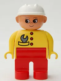 LEGO Duplo Figure, Female, Red Legs, Yellow Top with Red Buttons & Wrench in Pocket, Construction Hat White minifigure