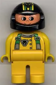 LEGO Duplo Figure, Male, Yellow Legs, Yellow Top with Green Racer Suspenders, Black Helmet with Stripes and Bear Pattern minifigure