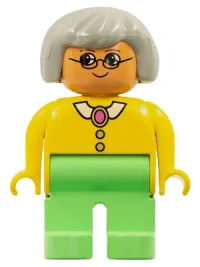 LEGO Duplo Figure, Female, Medium Green Legs, Yellow Blouse with Collar, Gray Hair, Glasses minifigure