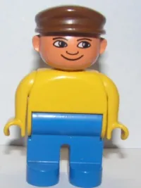 LEGO Duplo Figure, Male, Blue Legs, Yellow Top, Brown Cap, with White in Eyes Pattern minifigure