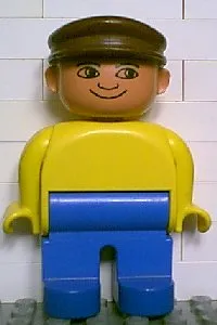 LEGO Duplo Figure, Male, Blue Legs, Yellow Top, Brown Cap, no White in Eyes Pattern minifigure