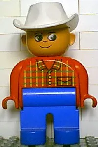 LEGO Duplo Figure, Male, Blue Legs, Red Top Plaid, White Cowboy Hat minifigure