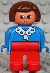 LEGO Duplo Figure, Female, Red Legs, Blue Blouse with White Lace Trim, Brown Hair minifigure