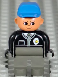 LEGO Duplo Figure, Male Police, Dark Gray Legs, Black Top with Zipper, Tie and Badge, Blue Cap minifigure