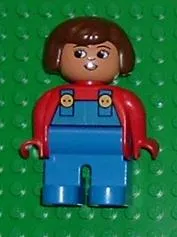 LEGO Duplo Figure, Female, Blue Legs, Red Top with Blue Overalls, Brown Hair, Turned Down Nose minifigure