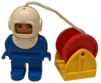 LEGO Duplo Figure, Male, Blue Legs, Blue Top, White Helmet, String and Red Reel, Yellow Drum Reel Holder minifigure