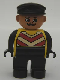 LEGO Duplo Figure, Male, Black Legs, Yellow Chevron Vest, Black Arms, Black Cap minifigure