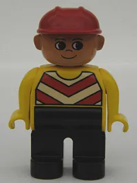 LEGO Duplo Figure, Male, Black Legs, Chevron Vest, Yellow Arms, Construction Hat Red minifigure