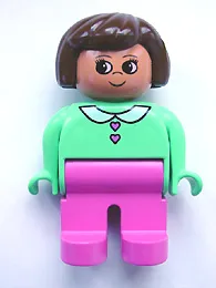 LEGO Duplo Figure, Female, Dark Pink Legs, Medium Green Blouse with Heart Buttons, Brown Hair minifigure