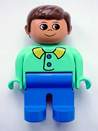 LEGO Duplo Figure, Male, Blue Legs, Medium Green Top with Blue Buttons, Brown Hair minifigure
