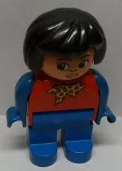 LEGO Duplo Figure, Female, Blue Legs, Red Top with Yellow and Red Polka Dot Scarf, Blue Arms, Black Hair, Turned Down Nose minifigure