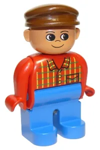 LEGO Duplo Figure, Male, Blue Legs, Red Top Plaid, Brown Cap minifigure