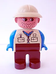 LEGO Duplo Figure, Male, Brown Legs, Tan Top, Blue Arms, Tan Pith Helmet, Facial Stubble minifigure