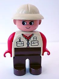 LEGO Duplo Figure, Female, Brown Legs, Red Arms, Tan Pith Helmet, Eyelashes minifigure