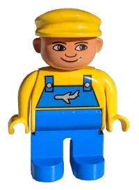 LEGO Duplo Figure, Male, Blue Legs, Yellow Top with Blue Overalls with Airplane, Yellow Cap minifigure
