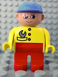 LEGO Duplo Figure, Male, Red Legs, Yellow Top with Wrench in Pocket, Construction Hat Blue minifigure