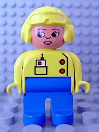 LEGO Duplo Figure, Female, Blue Legs, Yellow Top with Radio in Pocket, Yellow Aviator Helmet, Eyelashes minifigure