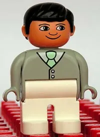 LEGO Duplo Figure, Male, White Legs, Light Gray Top with White Shirt and Light Green Tie, Black Hair minifigure