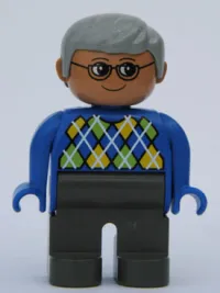 LEGO Duplo Figure, Male, Dark Gray Legs, Blue Argyle Sweater, Gray Hair, Glasses minifigure
