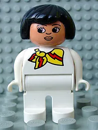 LEGO Duplo Figure, Female, White Legs, White Top and with Yellow and Red Scarf, Black Hair minifigure