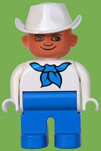 LEGO Duplo Figure, Male, Blue Legs, White Top with Blue Bandana, White Cowboy Hat, Plain Eyes minifigure
